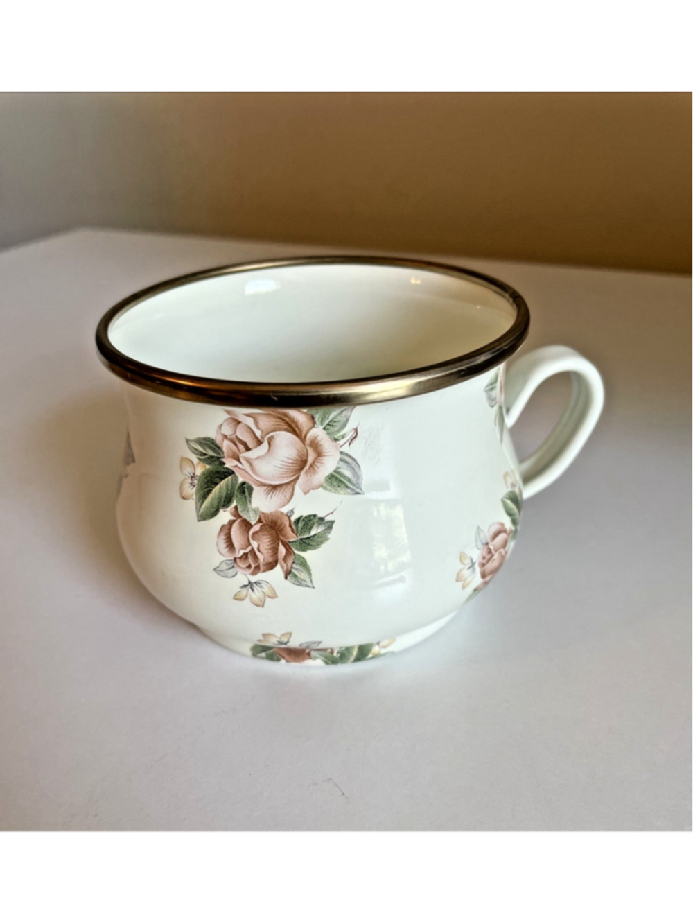 Vintage MacKenzie Childs Camp Floral Rose Enamelware Coffee Tea Cup MINT